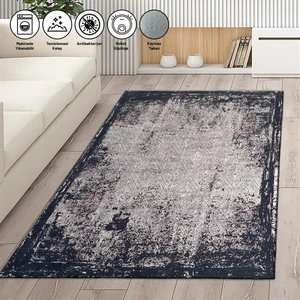 Modern Abstrak Klasik Eskitme Desenli Siyah Gri Halı Kaymaz Taban Makinada Yıkanabilir