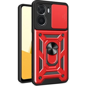 Vivo Y16 Kılıf Sert Silikon Tank Aramid Sürgülü Vega Yüzüklü Kırmızı