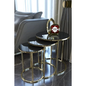 Evko Mobilya 3'lü Zigon Sehpa Gold Kırılmaz Temperli Camlı, Servis Sehpası, Salon Sehpası