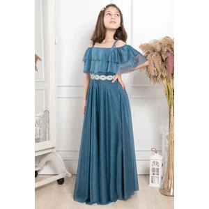 Fırfır Detaylı Simli Tül Abiye Indigo MDV31410