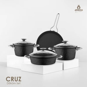 Cruz 7 Parça Cam Kapaklı Döküm Tencere Seti - Siyah
