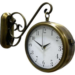 Çift Taraflı Gold Metal Duvara Askılı Salon Otel Duvar Saati K5