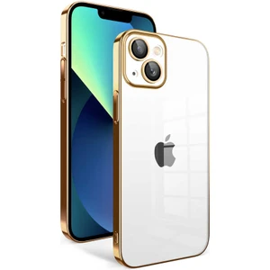 Caseart Apple iPhone 13 ile Uyumlu Kapak Lens Korumalı Arkası Şeffaf Sert Mika Kılıf - Gold