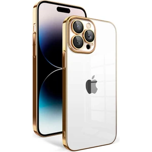 Apple iPhone 14 Pro ile Uyumlu Kapak Lens Korumalı Arkası Şeffaf Sert Mika Kılıf - Gold