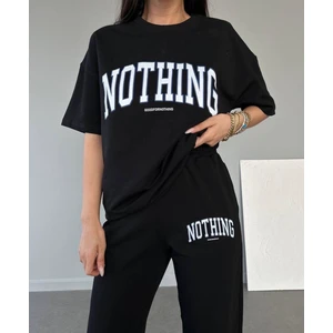 Amor Man Tasarım Nothıng Baskılı Pamuk Oversize Kısa Kollu Yazlık Kadın Eşofman Takımı