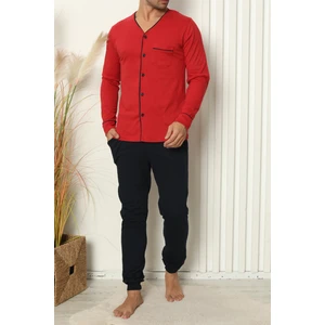 Tom John Erkek Pijama Takımı Uzun Kollu Cepli Pamuklu Likrali Kırmızı