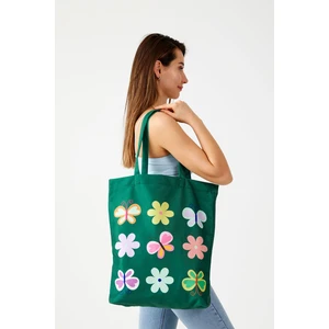 Ays Home Yeşil Kelebekli Bez Plaj Alışveriş Omuz Çantası