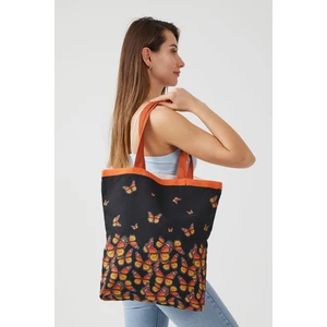 Ays Home Kelebek Desen Siyah Bez Alışveriş Plaj Omuz Çantası