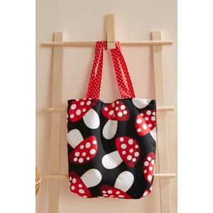 Ays Home Mantar Desen Siyah Bez Alışveriş Plaj Çantası