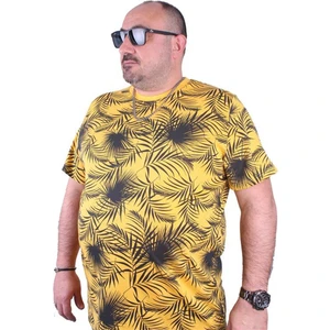 Büyük Beden Sıfır Yaka Tişört Palm Leaf 23148 Sarı