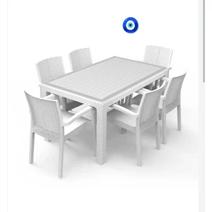 Rattan Plastik Oturma Grubu (90X150 Camlı Masa + 6 Rattan Koltuk)    Rattan Sehpa Hediyeli