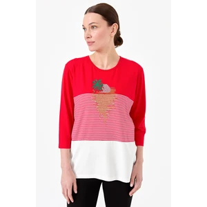 Desen Triko Kadın Sıfır Yaka Taşlı Çizgili Penye Bluz Kırmızı