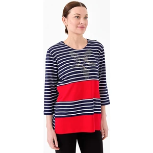 Desen Triko Kadın Sıfır Yaka Çizgili Önü Taşlı Penye Bluz Lacivert