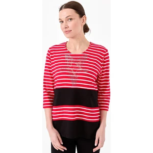 Desen Triko Kadın Sıfır Yaka Çizgili Önü Taşlı Penye Bluz Kırmızı