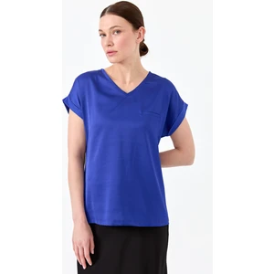 Desen Triko Kadın V Yaka Önü Saten Bluz Saks