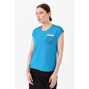 Desen Triko Kadın Sıfır Yaka Düşük Kol Simli Penye T-Shirt Turkuaz