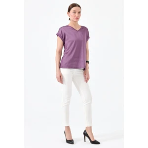 Desen Triko Kadın V Yaka Önü Saten Bluz Lavanta