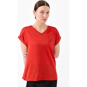 Desen Triko Kadın V Yaka Önü Saten Bluz Oranj
