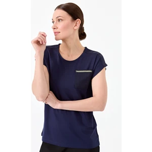 Desen Triko Kadın Sıfır Yaka Düşük Kol Simli Penye T-Shirt Lacivert