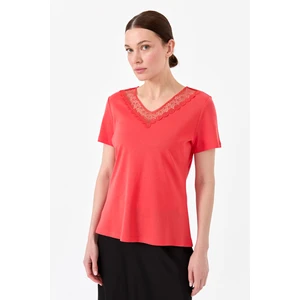 Desen Triko Kadın V Yaka Yakası Dantelli T-Shirt Kırmızı