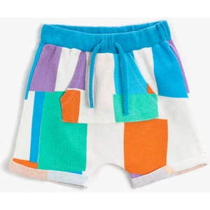 Şort Beli Bağlamalı Lastikli Renk Bloklu Kanguru Cepli