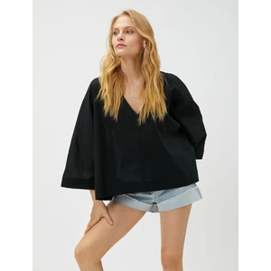 Oversize Bluz Keten Karışımlı V Yaka