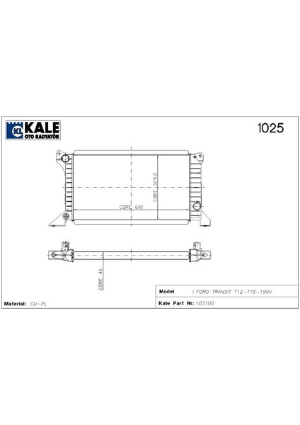 Bakır Radyatör Transit T12 T15 T19 2.0/25D 2 Sıra 92VT8005AA 103100 Kale