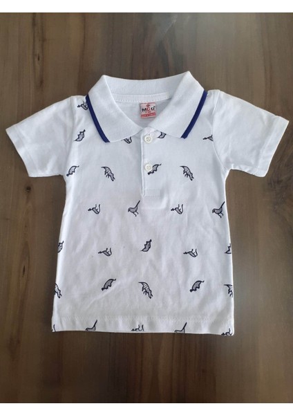 Beyaz Baskılı Yakalı Kısa Kollu T-Shirt