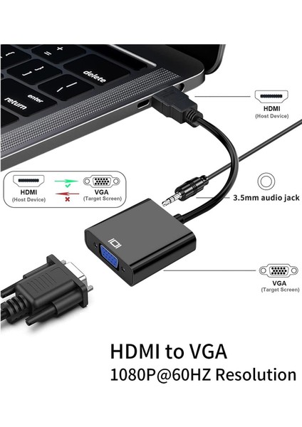 Gn-87 1080P 60hz HDMI To VGA Çevirici Adaptör Ses Kablosu Dahil