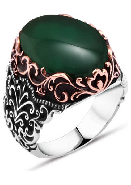 Yeşil Akik Taşlı Erkek Yüzük