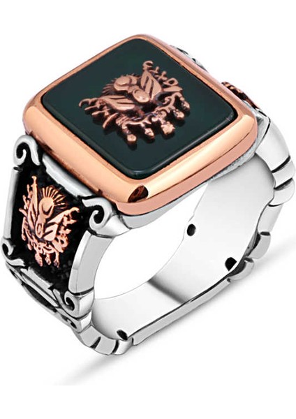 Yeşil Akik Üzeri Osmanlı Devlet Armalı Erkek Yüzük