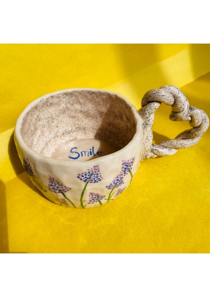Blue Flowers Çiçek Desenli Kalp Kulplu El Yapımı Seramik Mug 200 ml modelleri