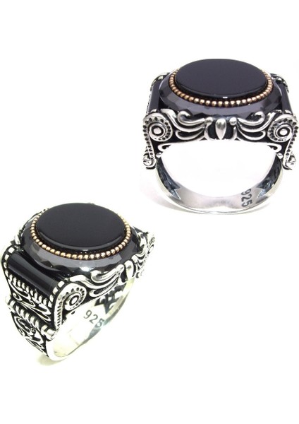 Üstü ve Yanları Oniks Taşlı Kenarı Çember Taşlı Özel Tasarımlı Erkek Yüzük