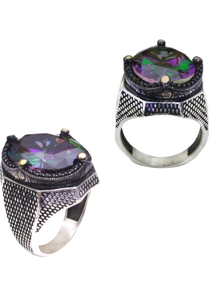 Yeşil Mistik Topaz Taşlı Kenarları Zirkon Taşlı Nokta Desenli Gümüş Erkek Yüzük