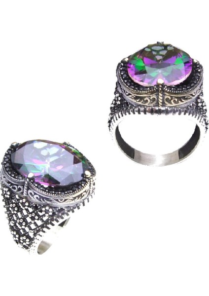 Yeşil Mistik Topaz Taşlı Kenarları Zirkon Taşlı Nokta Desenli Gümüş Erkek Yüzük