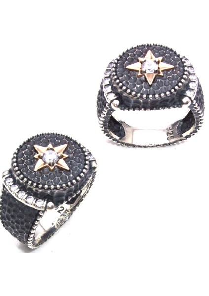 Zirkon Taşlı Üzeri Yıldız Desenli Yanları Özel Motifli Erkek Yüzük