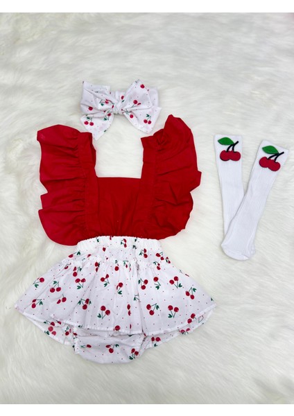 Kız Bebek Kiraz Slopet Bandana ve Çorap Set10
