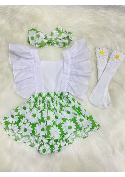 Kız Bebek Slopet Yeşil Çiçek Bandana ve Çorap Set10