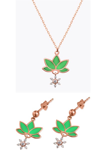 925 Ayar Gümüş Rose Kaplama Parlayan Rüya Serisi Tasarım Ebruli Yeşil Cam Boyalı Lotus Set