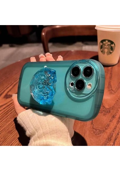 iPhone 12 Pro Kılıf Kamera Korumalı Aşk Kalpli Pop Soketli Kristal Taşlı Tutacak Parlak Mavi