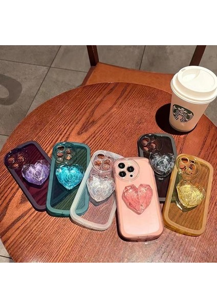 iPhone 12 Pro Max Kılıf Kamera Korumalı Aşk Kalpli Pop Soketli Kristal Taşlı Tutacak Parlak Mor
