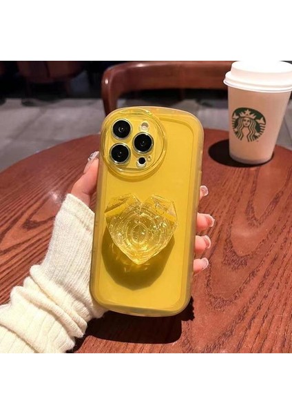 iPhone 12 Uyumlu Kılıf Kamera Korumalı Aşk Kalpli Pop Soketli Kristal Taşlı Tutacak Parlak Sarı