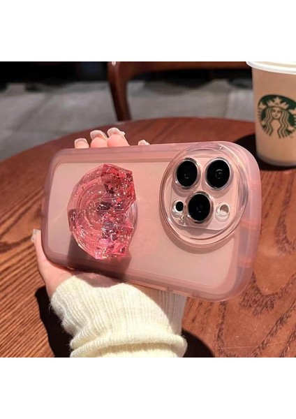 iPhone 12 Uyumlu Kılıf Kamera Korumalı Aşk Kalpli Pop Soketli Kristal Taşlı Tutacak Parlak Pembe