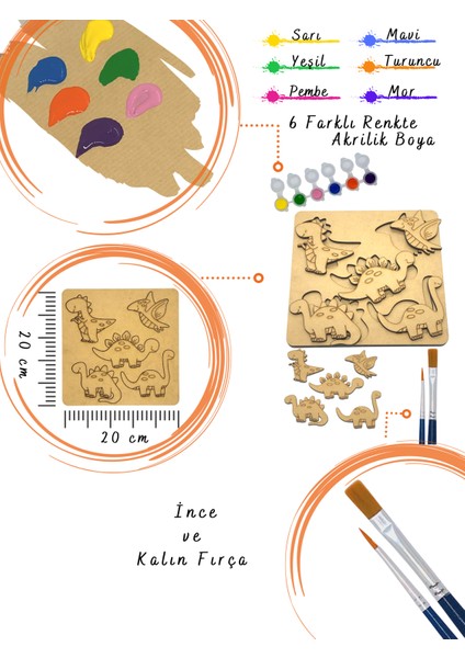 Art Inside Çocuklar Için Dinazor Figürlü Puzzle Ahşap Boyama Yapboz Seti Hediye Hobi Kiti