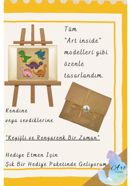 Art Inside Çocuklar Için Dinazor Figürlü Puzzle Ahşap Boyama Yapboz Seti Hediye Hobi Kiti