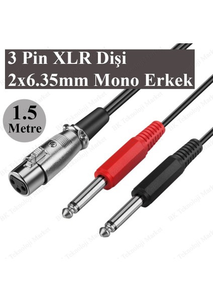 BK Teknoloji 3-Pin Xlr Dişi To 2 x 1/4 ''6.35MM Mono Erkek Trs Y Kablo - 1.5 Metre