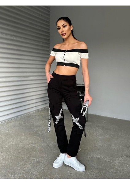 Foa Fashion Üst Omuz Düşük Kaşkorse Crop Alt Kargo Cep Ikili Takım