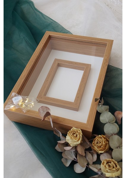 25X35 cm Bambu Yatay Fotoğraf Alanlı Model Tasarım Gül Kutusu Anı Çerçevesi! Isimsiz Ledli!