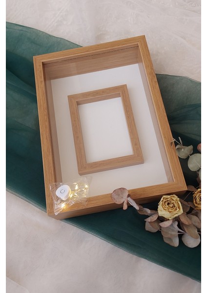 25X35 cm Bambu Yatay Fotoğraf Alanlı Model Tasarım Gül Kutusu Anı Çerçevesi! Isimsiz Ledli!