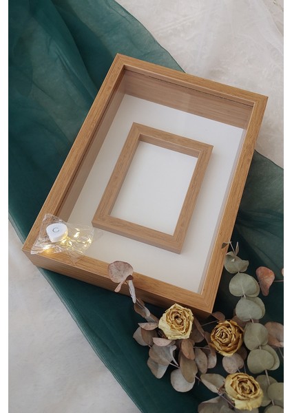 25X35 cm Bambu Yatay Fotoğraf Alanlı Model Tasarım Gül Kutusu Anı Çerçevesi! Isimsiz Ledli!